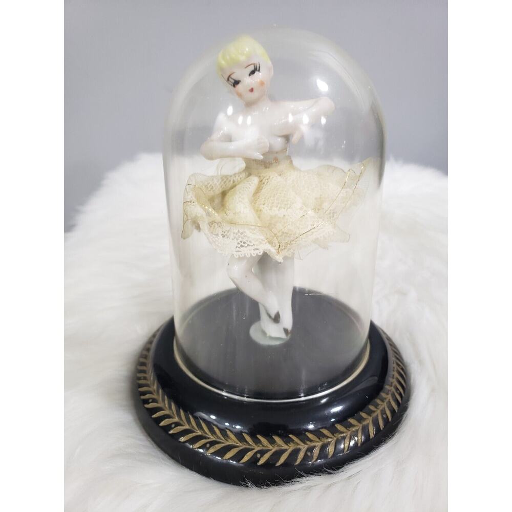 RARE Vintage Japan Porcelain Spinning Ballerina Dancer Figurine Domed Lace Dress